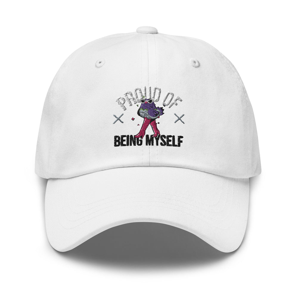 Front view of a white cap embroidered with “PROUD OF BEING MYSELF” and a colorful bird