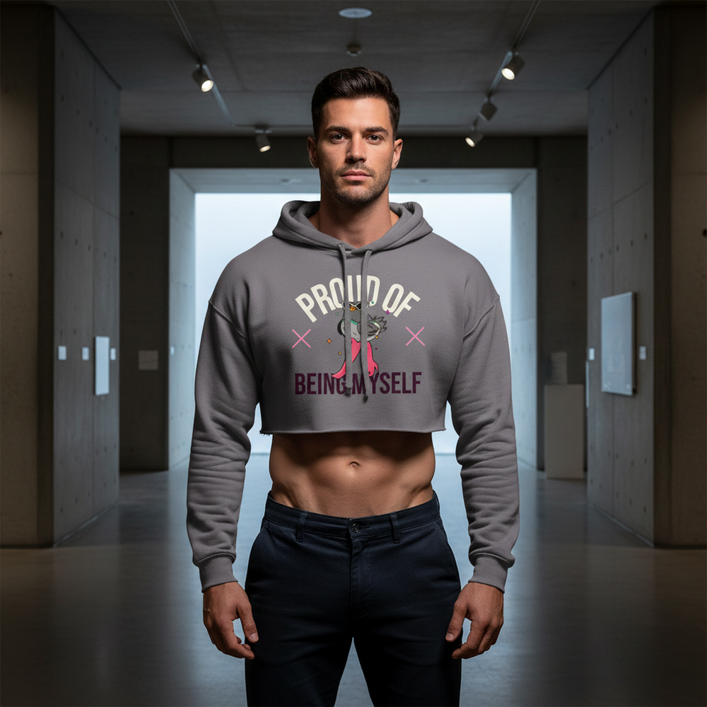 Crop hoodie reading "Proud Of Being Myself" in vibrant colors, worn by a person showing abs