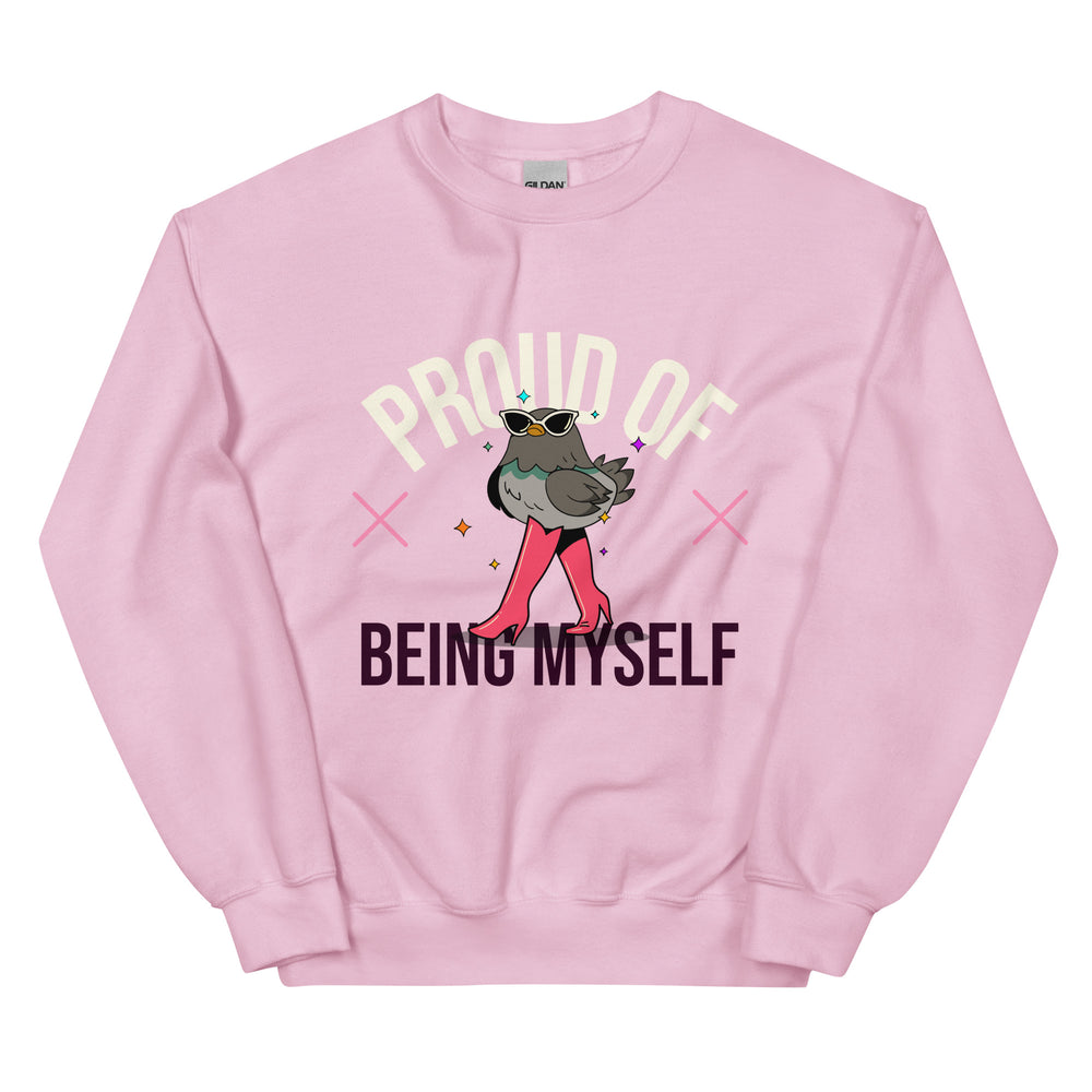 Unisex light pink Gildan crewneck with a cartoon pigeon, sunglasses, red boots, sparkles, “Proud of Being Myself” slogan.