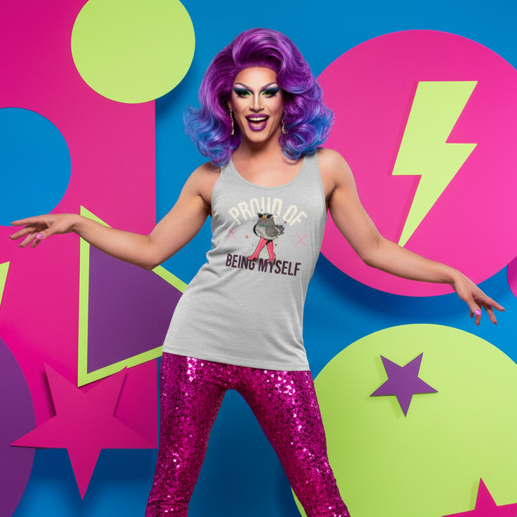 Drag performer in a gray tank top reading “PROUD OF BEING MYSELF,” with a pigeon graphic