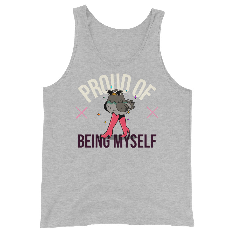 Front view of a gray tank top reading “PROUD OF BEING MYSELF,” with a bird in sunglasses and pink boots