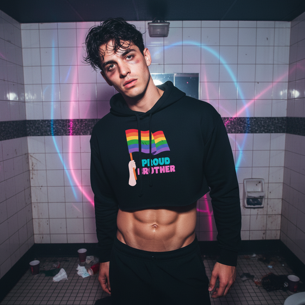 Proud Brother Crop Hoodie with rainbow flag and “Proud Brother,” queer style, worn by young man in neon-tiled bathroom.