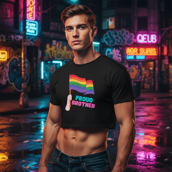Proud Brother black crop top with rainbow pride flag and 