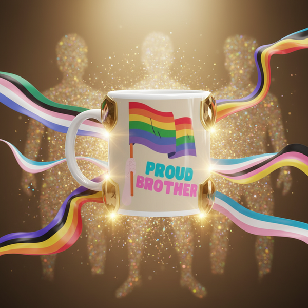 White mug reading “PROUD BROTHER,” with a rainbow flag and gold corner accents