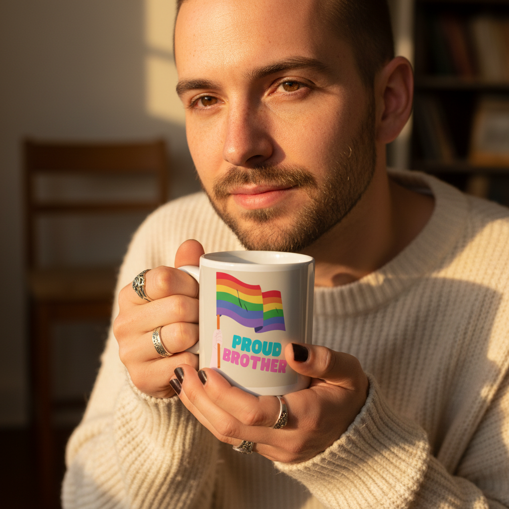 Bearded person in a cream sweater holds a white mug reading “PROUD BROTHER” with rainbow flags.