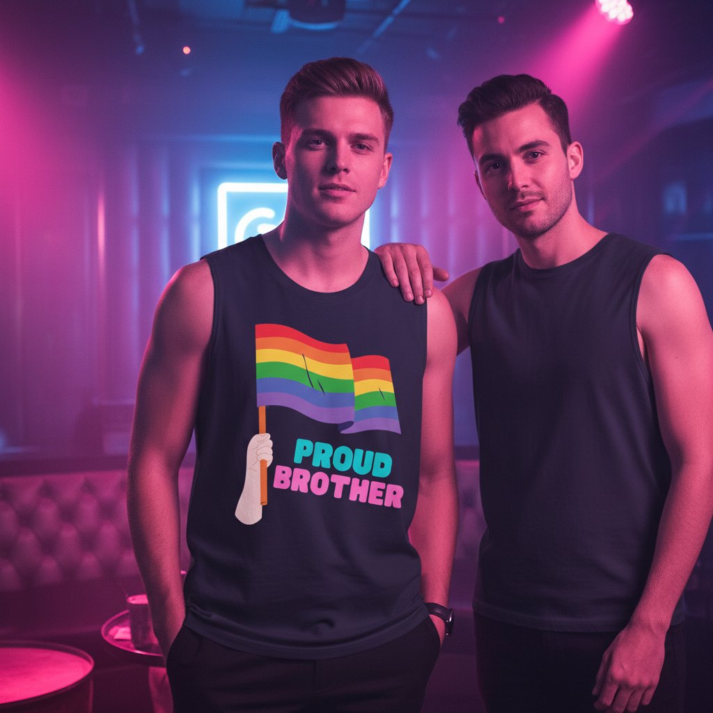 Muscle top reading "Proud Brother" and classic unisex tank on two people
