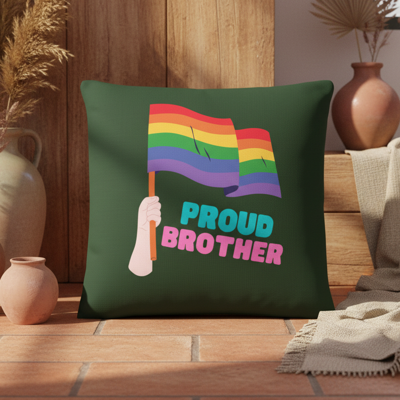 Square dark green pillow featuring a hand holding a rainbow flag and the text "PROUD BROTHER," perfect for queer home decor.