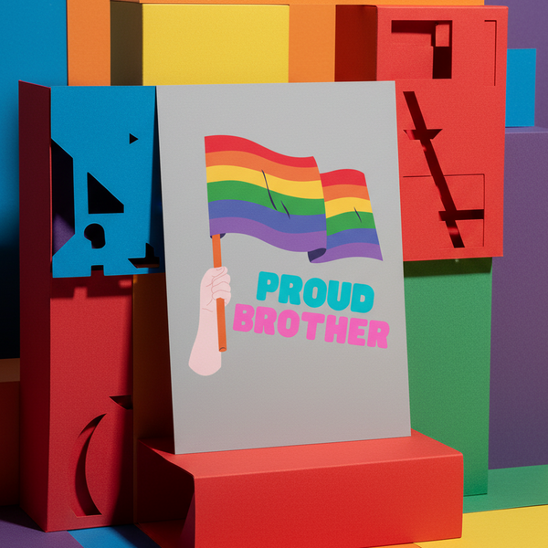 Proud Brother postcard with a hand waving a rainbow Pride flag