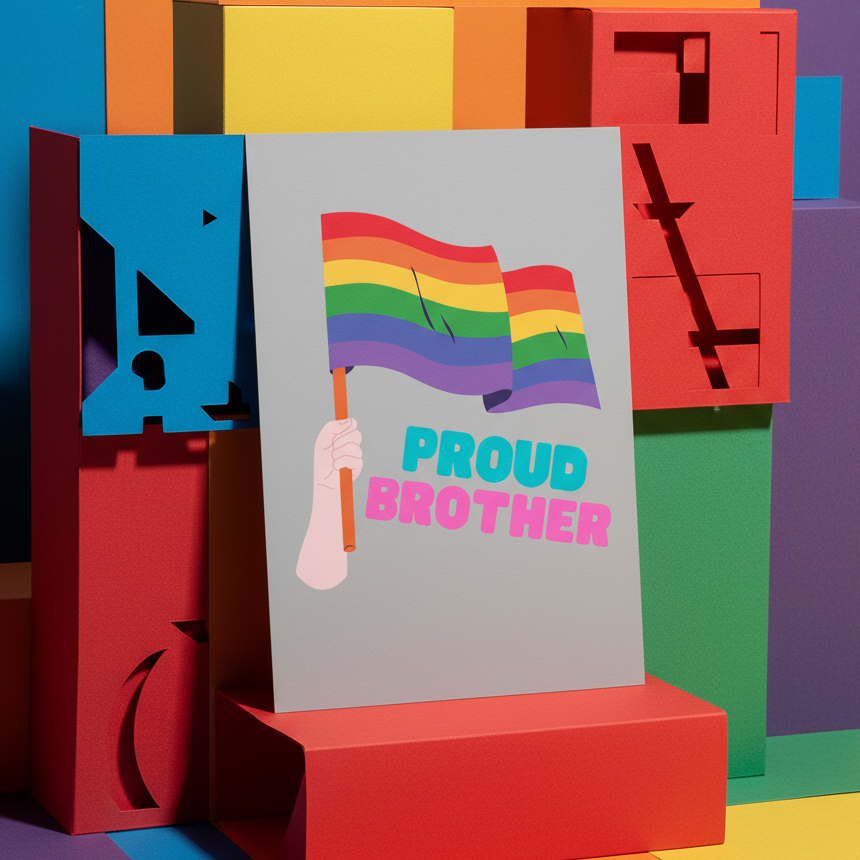 Proud Brother postcard with a hand waving a rainbow Pride flag