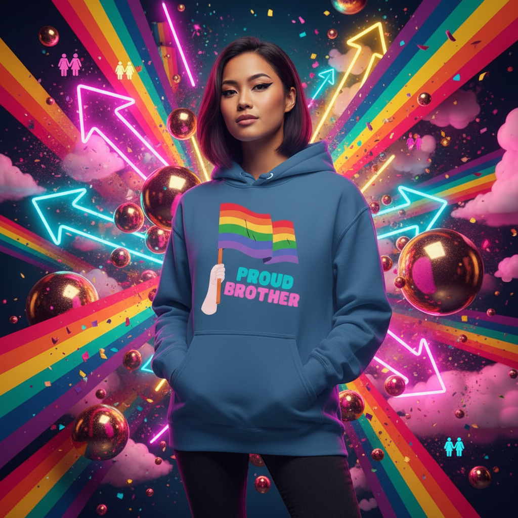 Model wearing a blue hoodie with rainbow flags and “PROUD BROTHER” text