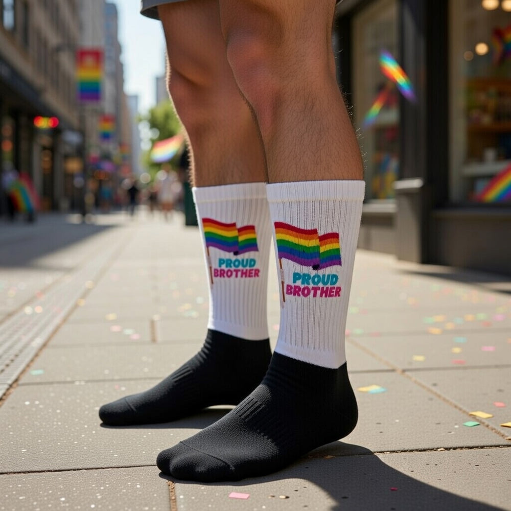 Crew socks with bold black fabric, rainbow stripes, blue and pink "PROUD BROTHER" text, cushioned soles