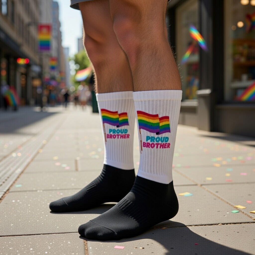 Crew socks with bold black fabric, rainbow stripes, blue and pink "PROUD BROTHER" text, cushioned soles