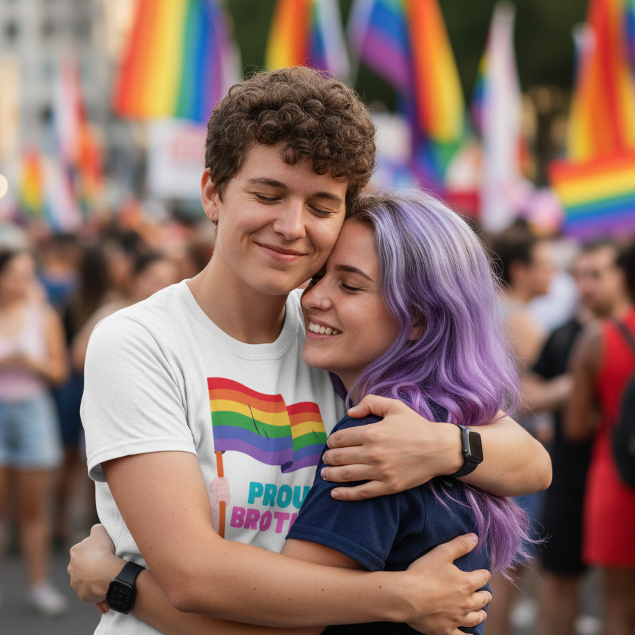 Proud Brother T-Shirt worn by one person at Pride, standing with someone with long purple hair