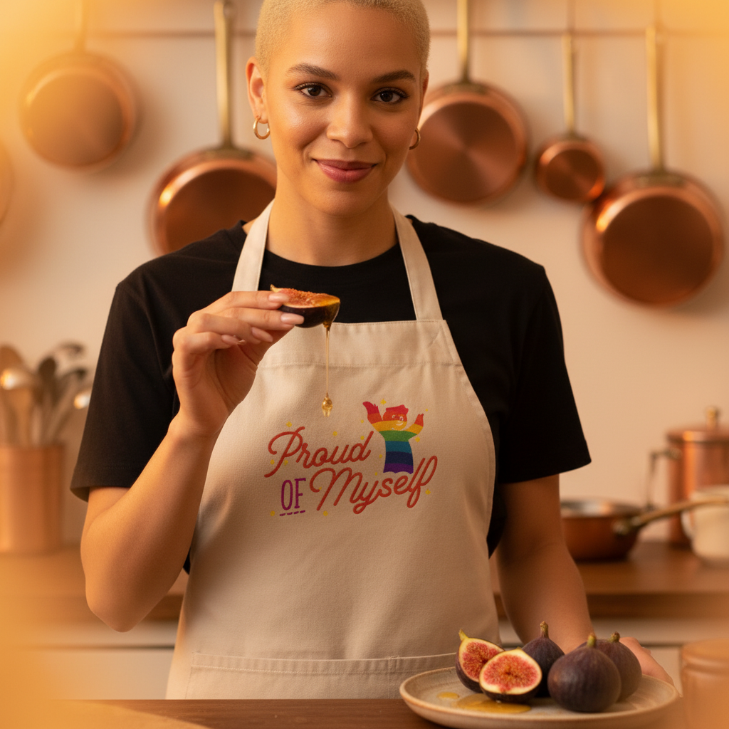 Person wearing a beige “Proud of Myself” apron, holding a honey-drizzled fig in a kitchen