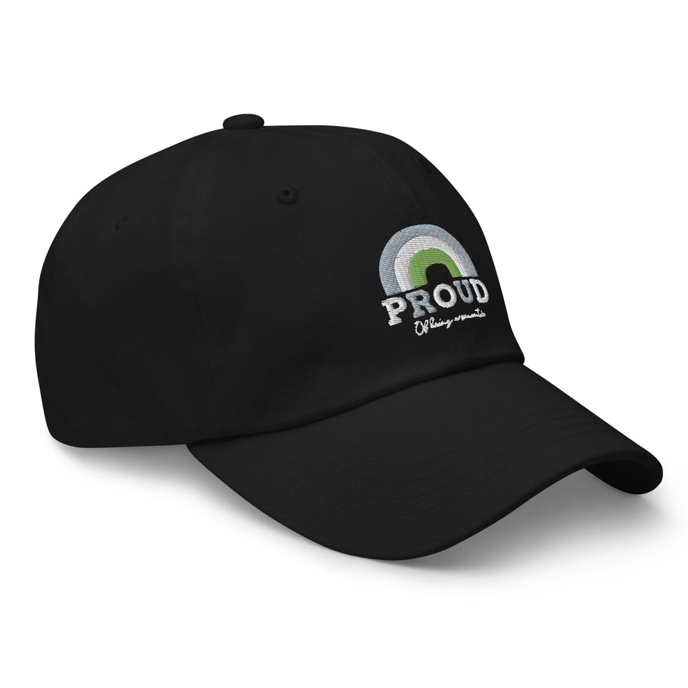 Black embroidered baseball cap; aromantic Pride cap with “Proud Of Being Aromantic” design