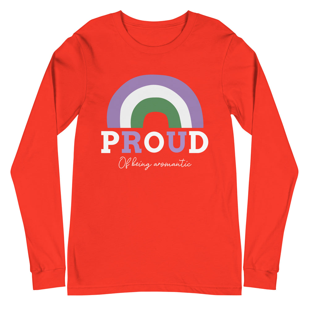 Front view of a red long-sleeve shirt reading “PROUD Of being aromantic” with a rainbow arch
