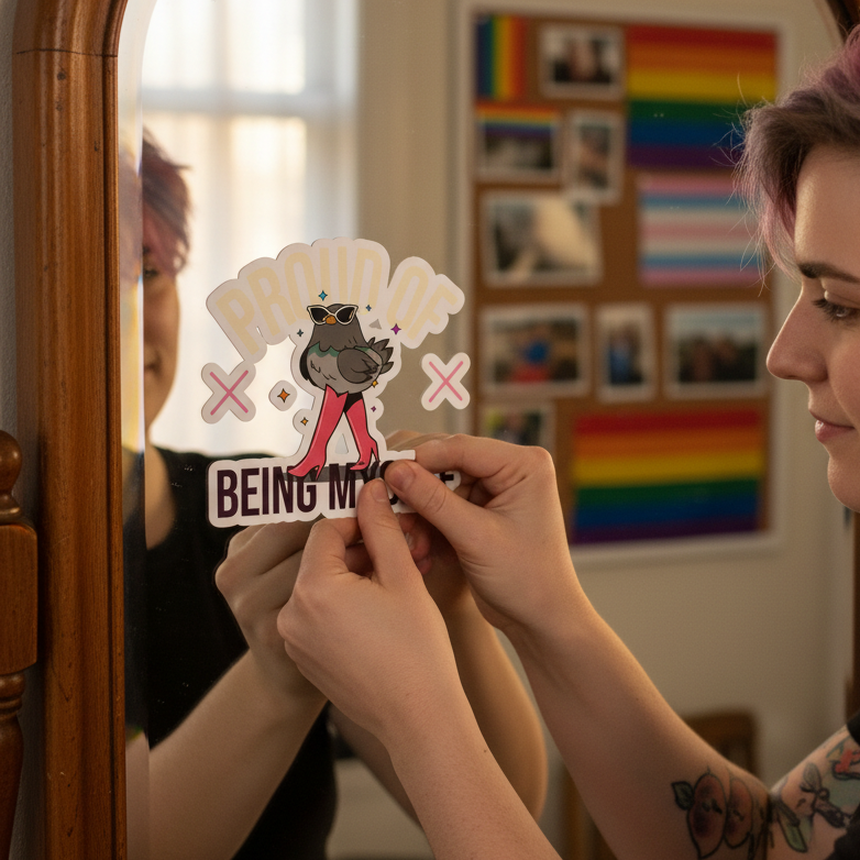 Bubble-Free Sticker reading “Proud Of Being Myself” on mirror, short light purple-haired person, rainbow flag
