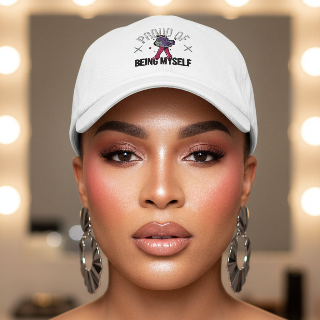 Proud Of Being Myself Cap—stylish queer pride headwear—worn by femme with glam makeup, silver hoops