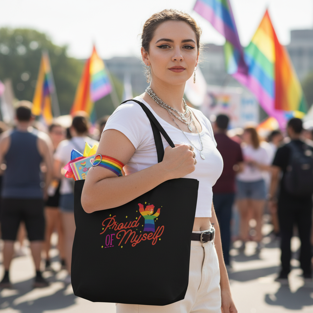 Eco tote bag reading "Proud Of Myself" in rainbow colors