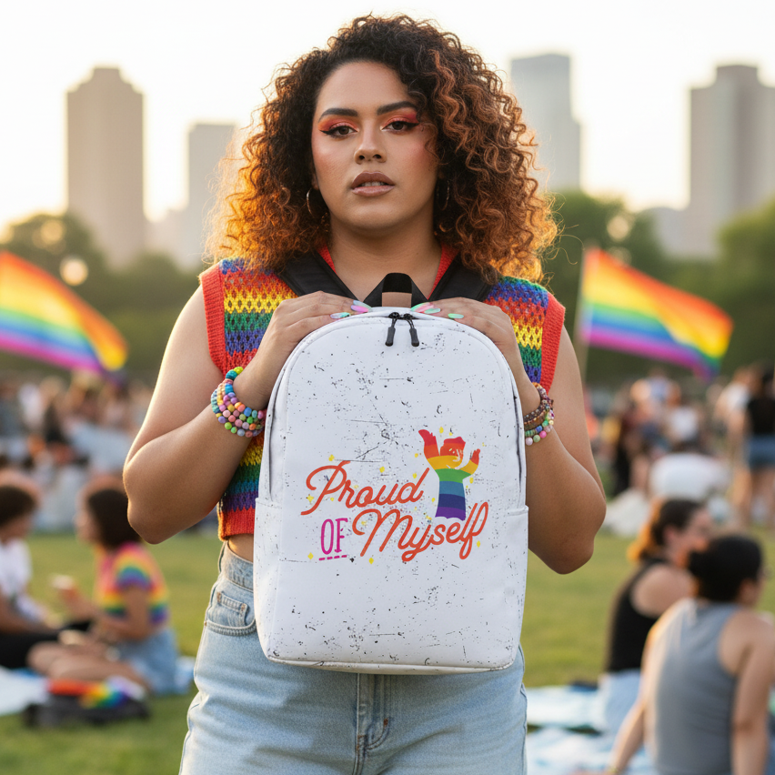 Minimalist backpack with "Proud of Myself" slogan and rainbow graphic, held by a person at Pride, rainbow flags in view