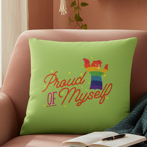 Light green "Proud Of Myself" pillow with rainbow-shirted figure on pink chair