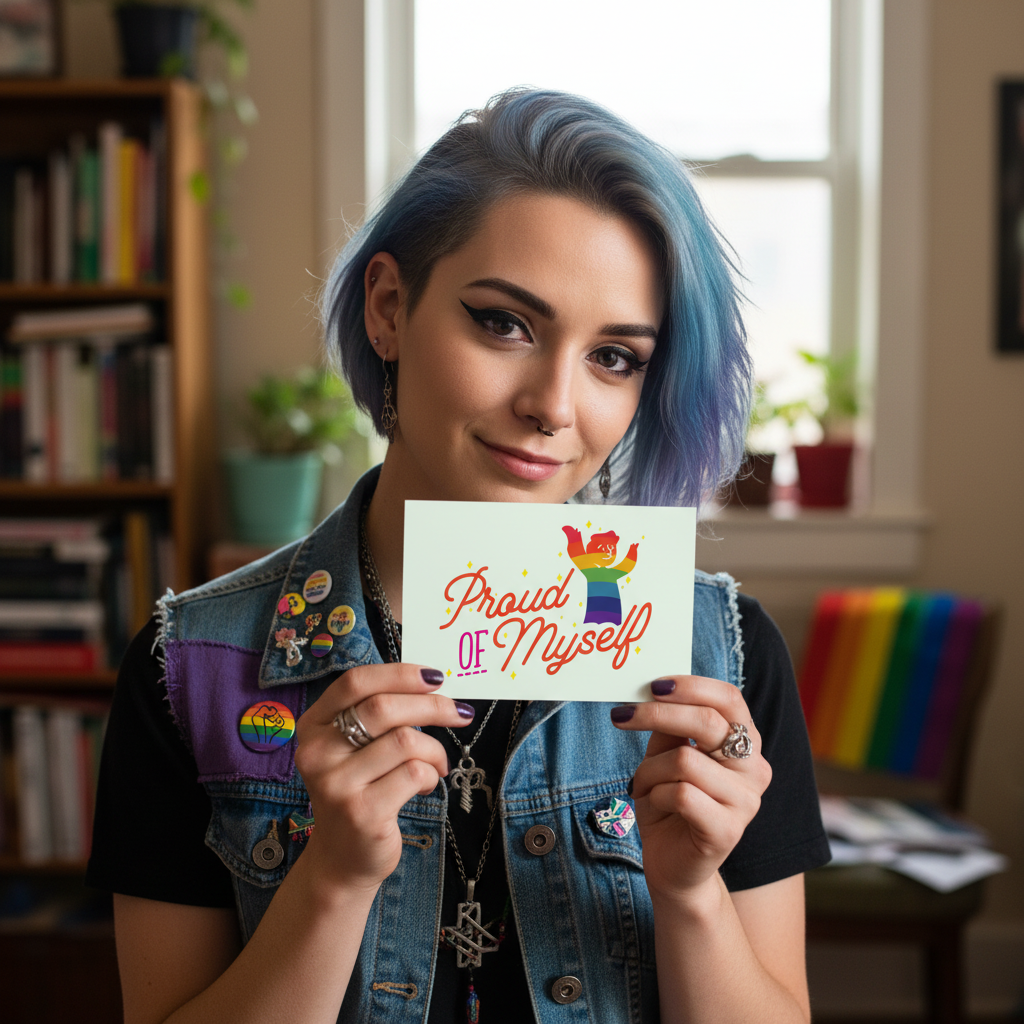 Proud Of Myself Postcard with rainbow art held by blue-haired, pierced queer in a denim vest, LGBTQ+ pins