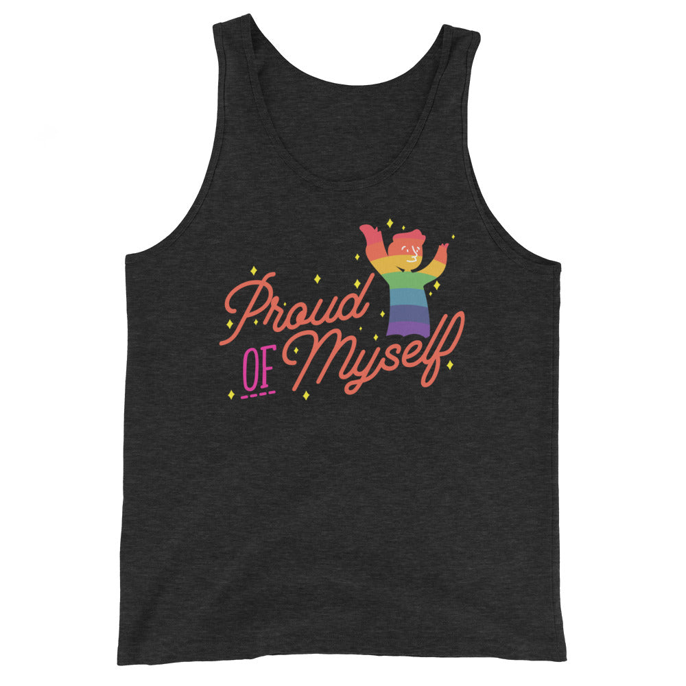 Unisex tank top in dark gray with “Proud of Myself” in rainbow script, plus joyful figure in rainbow-striped shirt