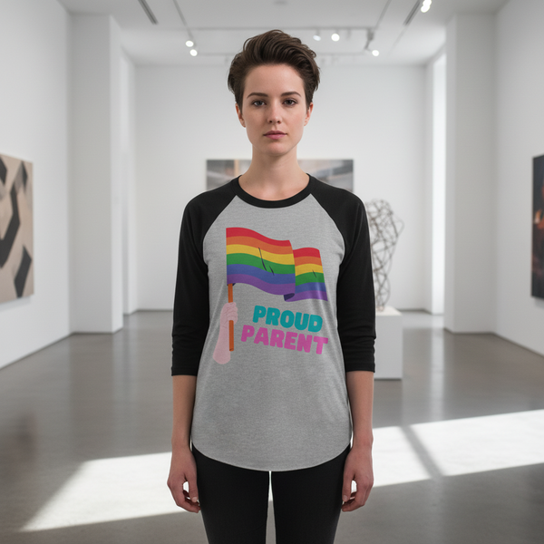 Proud Parent 3/4 sleeve raglan shirt in gray with black sleeves, rainbow flag and bold 