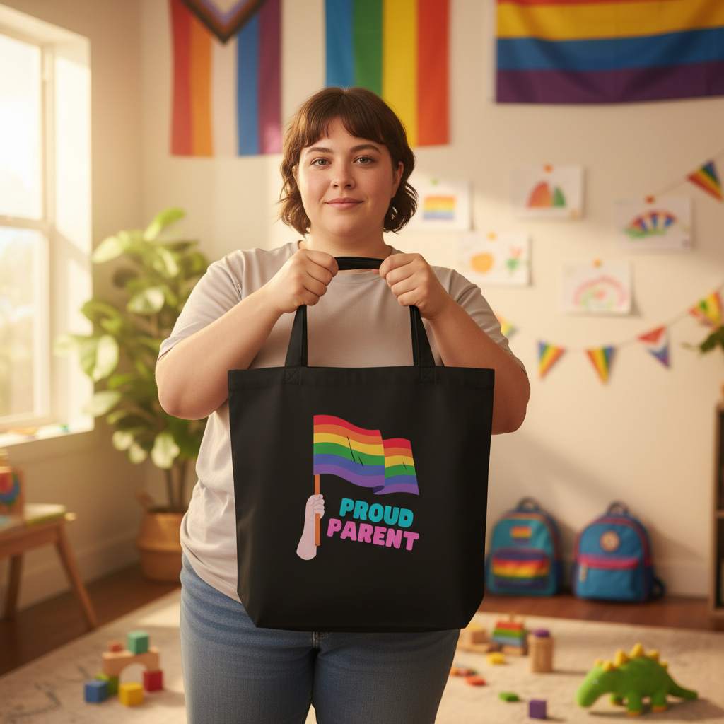 Proud Parent Eco Tote Bag with bold rainbow flag and Proud Parent