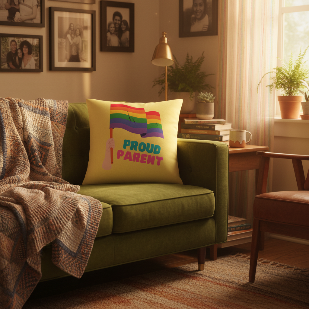 Proud Parent Pillow with rainbow flags and “PROUD PARENT” on a green couch; patterned blanket, family photos, plants