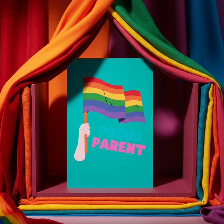 Proud Parent Postcard shows a hand waving a rainbow pride flag, “Proud Parent” in pink and teal