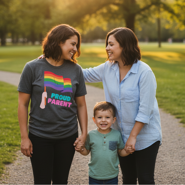 Proud Parent T-Shirt with bold LGBT pride flag and “Proud Parent” text