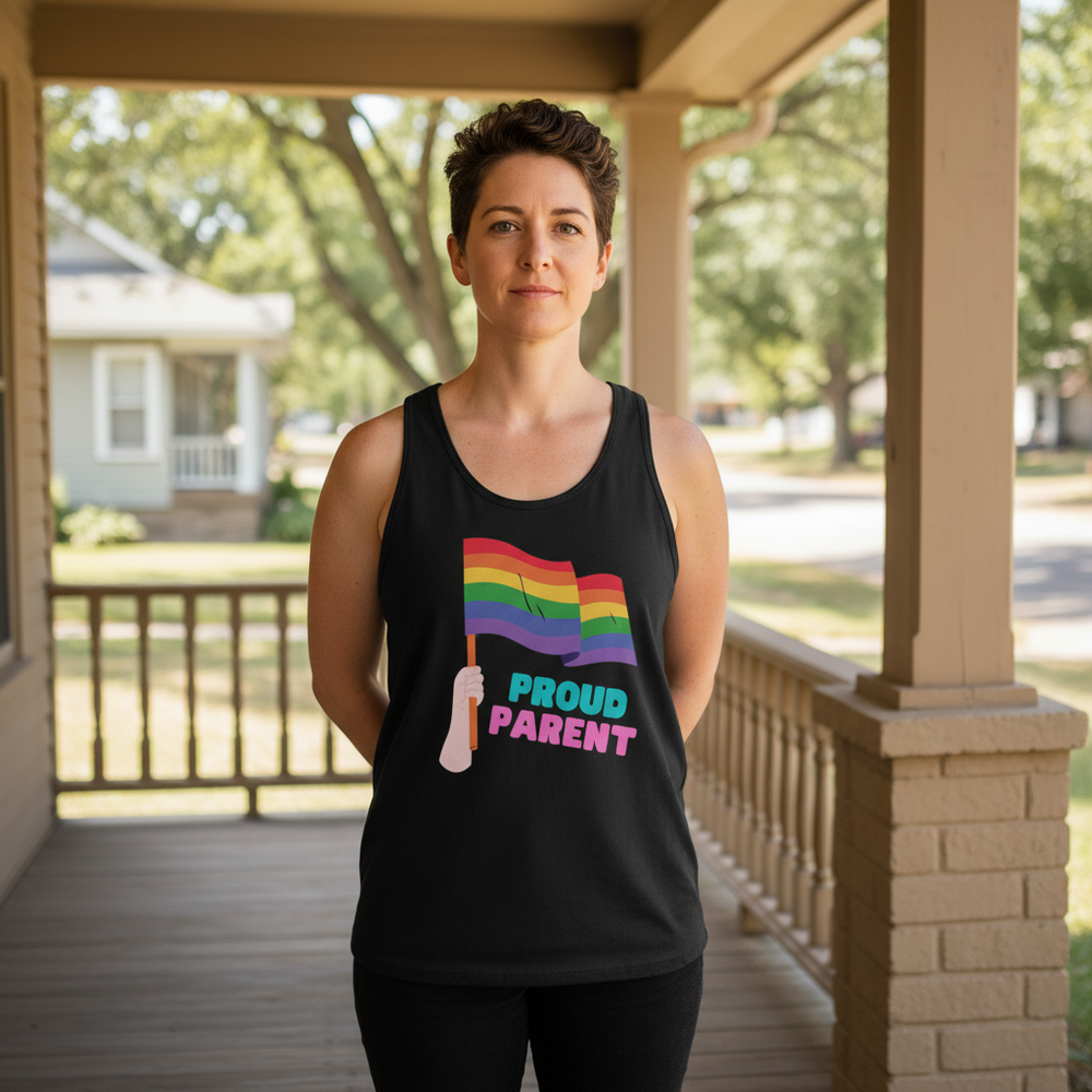 Person modeling a black tank top with a rainbow flag and “PROUD PARENT” text