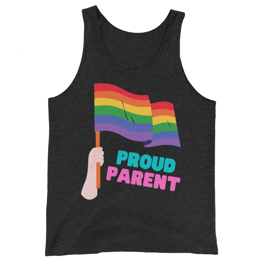 Front view of a dark charcoal tank top with a rainbow flag and “PROUD PARENT” text