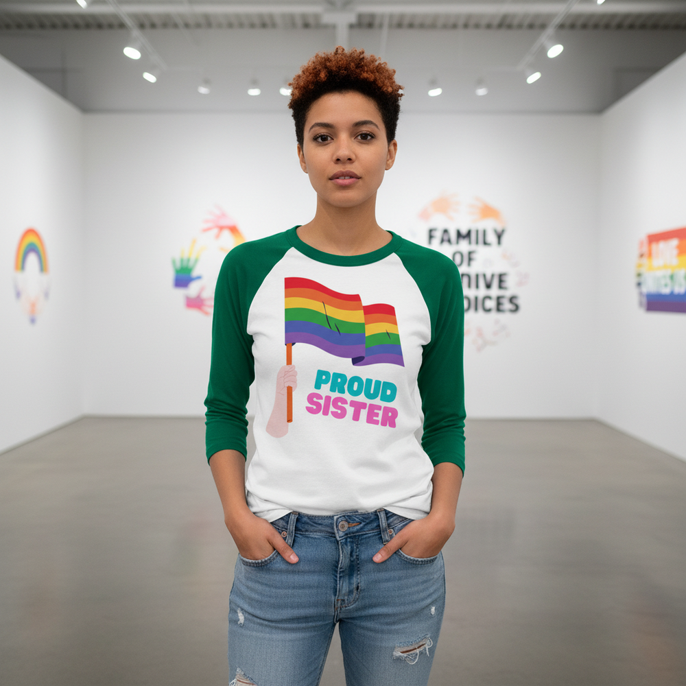Proud Sister 3/4 sleeve raglan shirt with rainbow graphic, worn by a person in a gallery of LGBTQ clothes and rainbow art