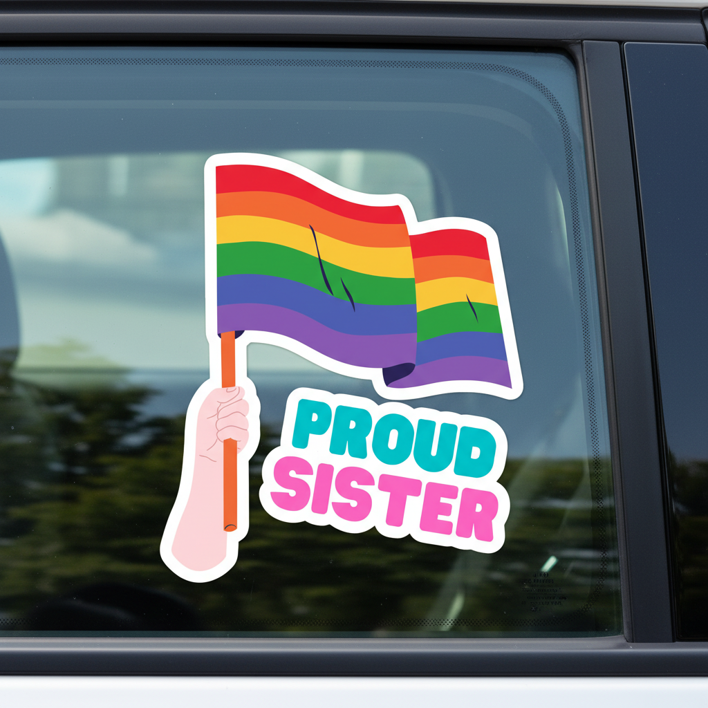 Proud Sister Bubble-Free Sticker shows a hand with a rainbow flag over bold turquoise and pink “PROUD SISTER” text