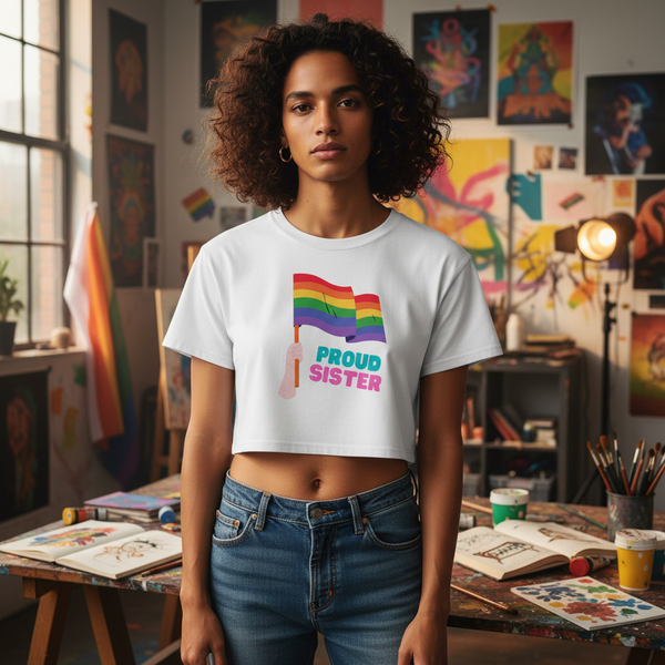 Proud Sister Crop Top with rainbow flag, modeled