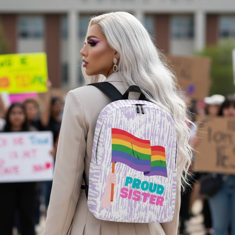 Proud Sister Minimalist Backpack with rainbow flag and "Proud Sister" slogan