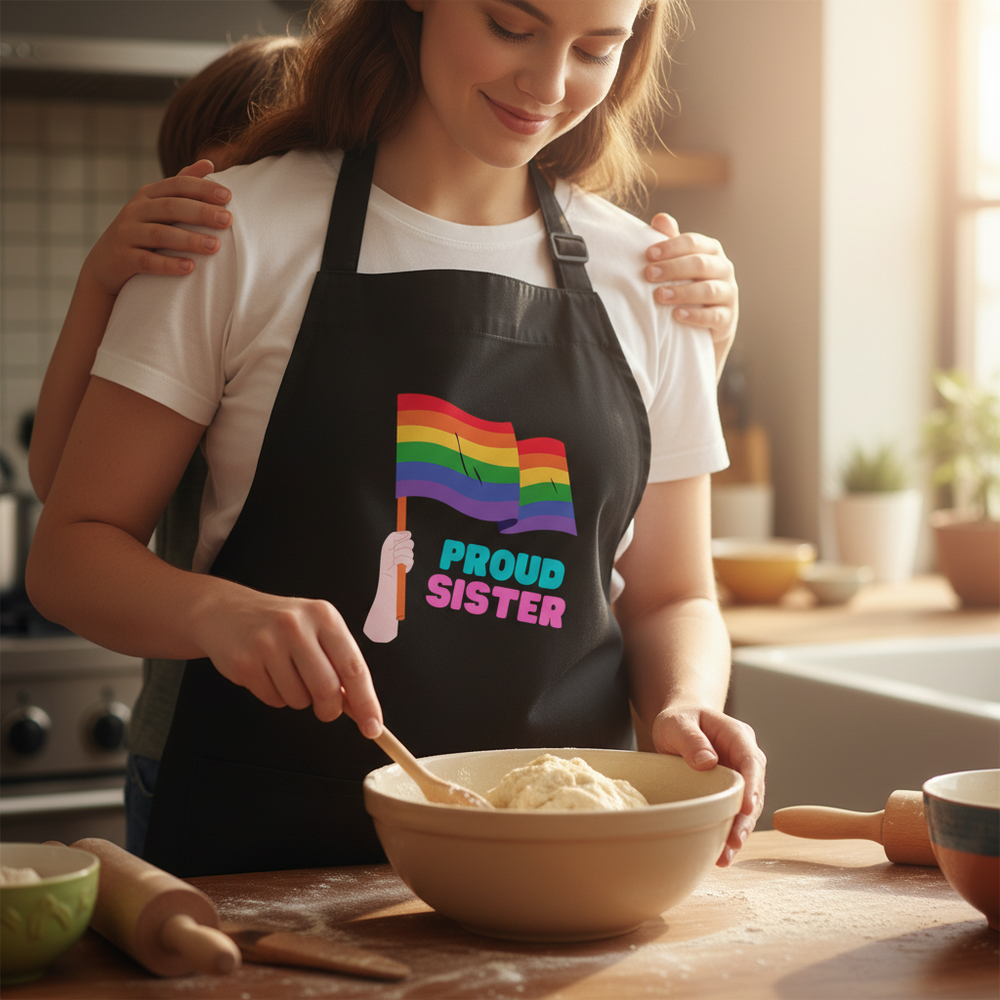 Person wearing a black apron reading “PROUD SISTER” while stirring dough beside a younger person