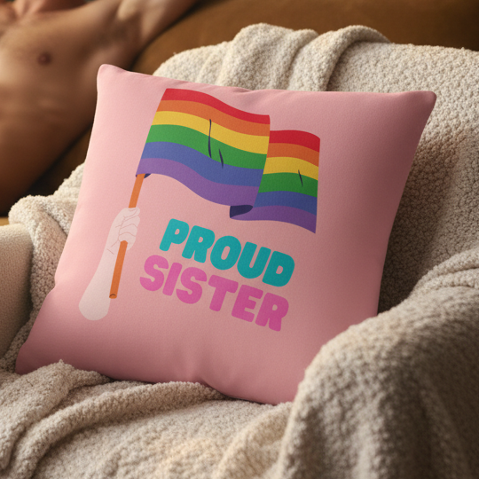 Proud Sister Pillow on a beige blanket, showing a hand with a rainbow pride flag above bold teal and pink “PROUD SISTER”