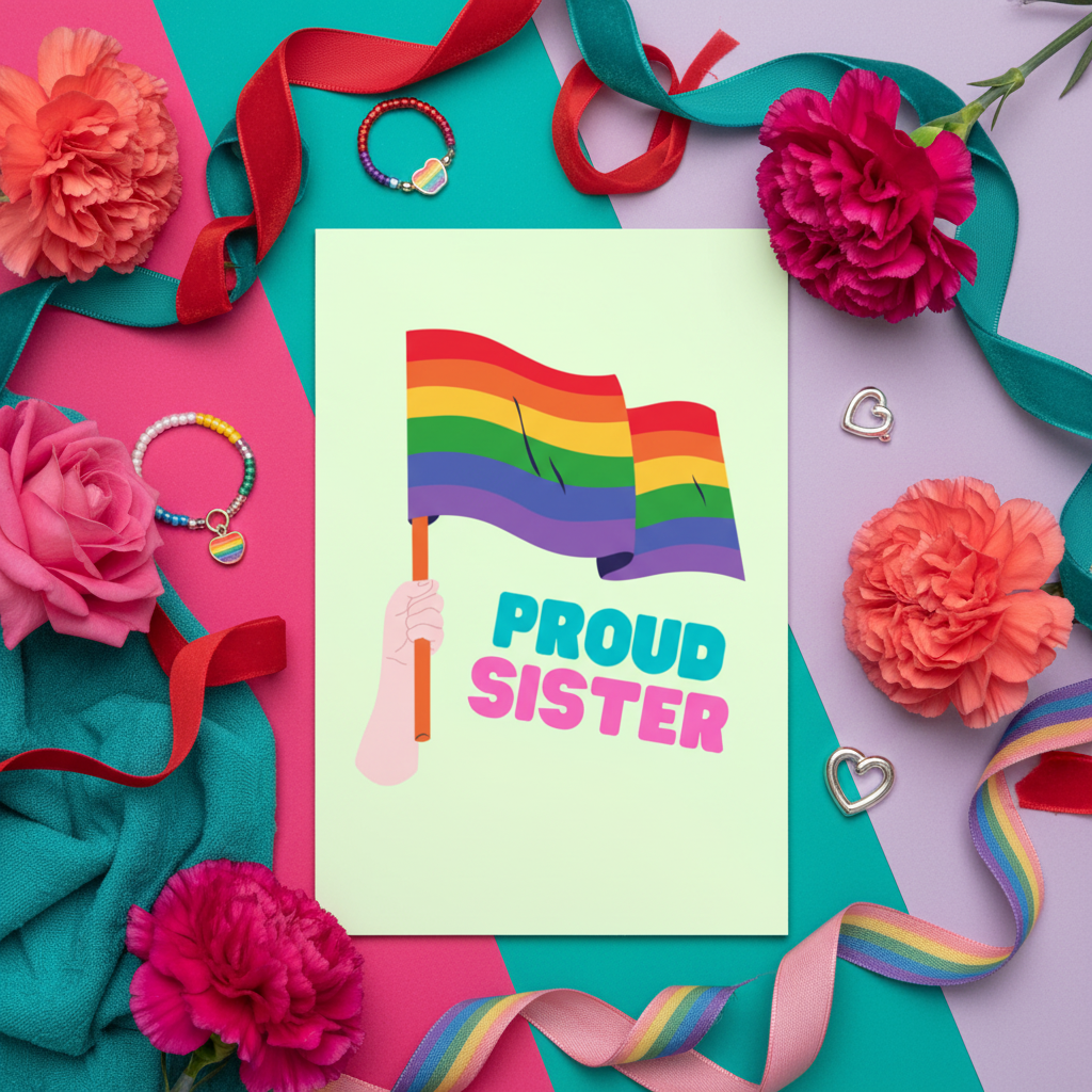 Proud Sister Postcard shows a hand waving a rainbow pride flag, “Proud Sister” in bright queer lettering