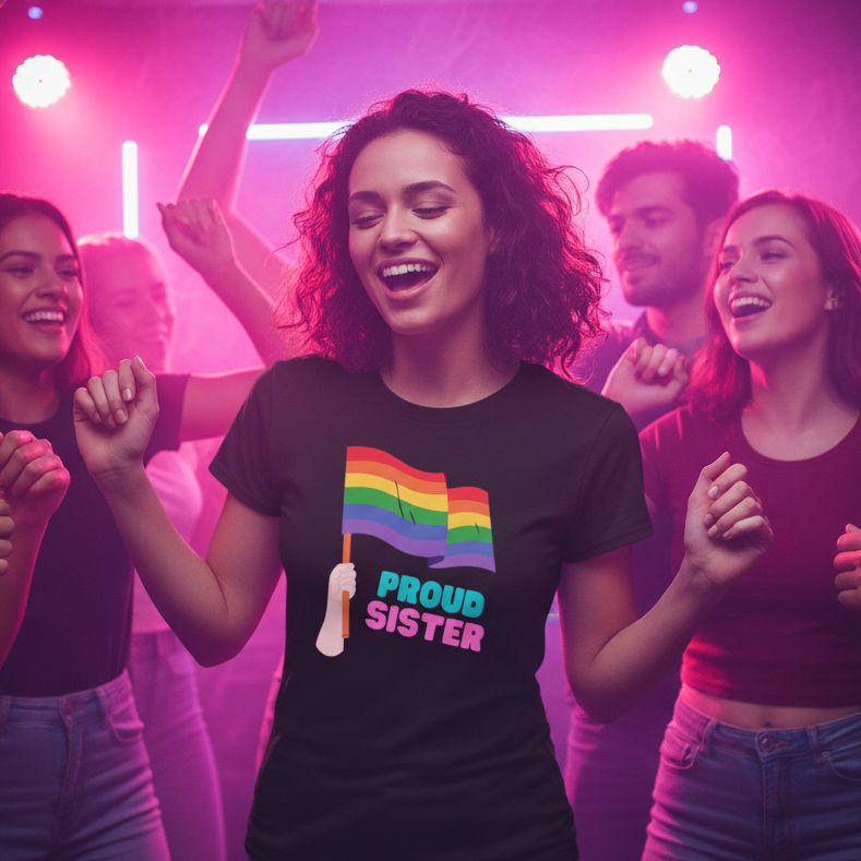 Proud Sister T-Shirt with rainbow flag and "Proud Sister" text