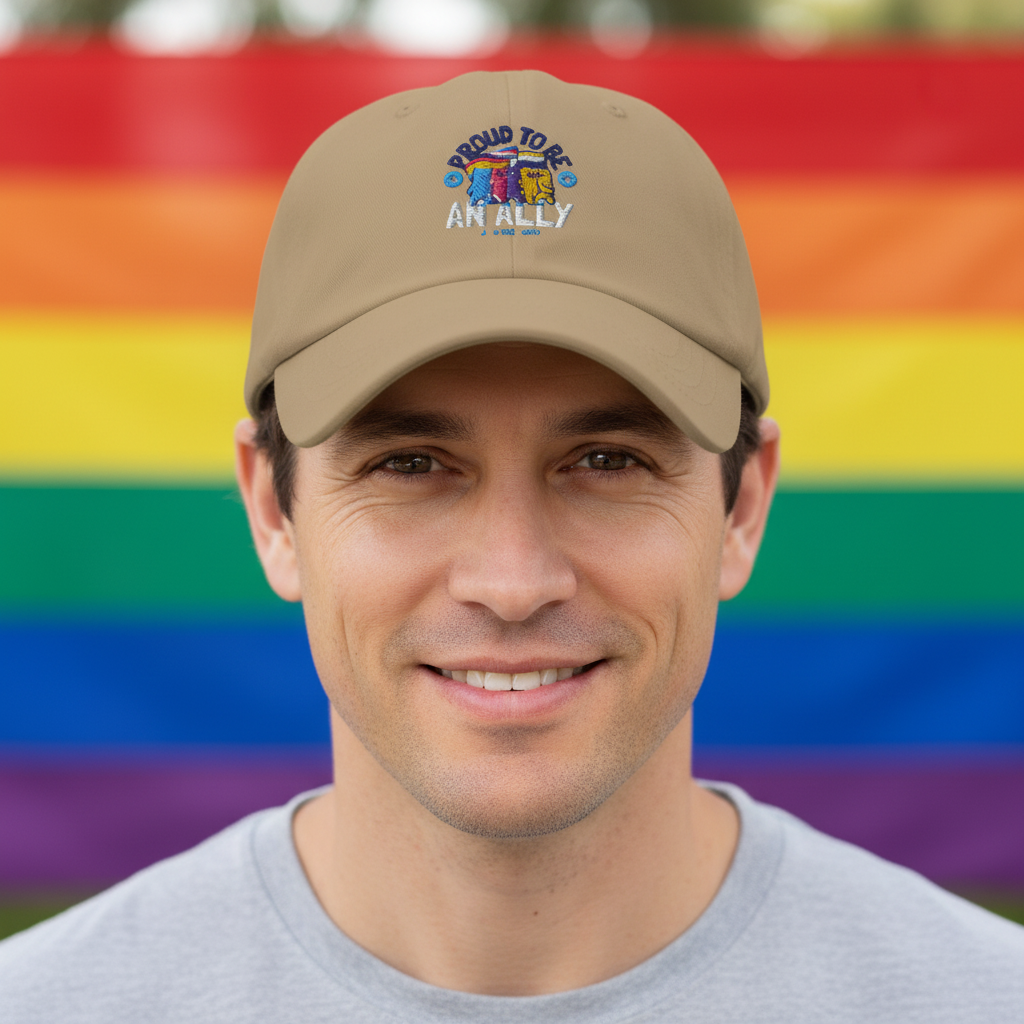 Proud To Be An Ally Cap with rainbow accents, worn by a smiling person in a light gray shirt