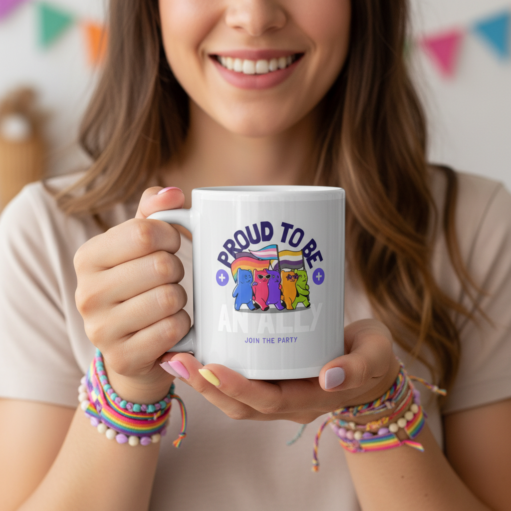 Smiling person holds a white mug reading “PROUD TO BE AN ALLY” with colorful figures and flags