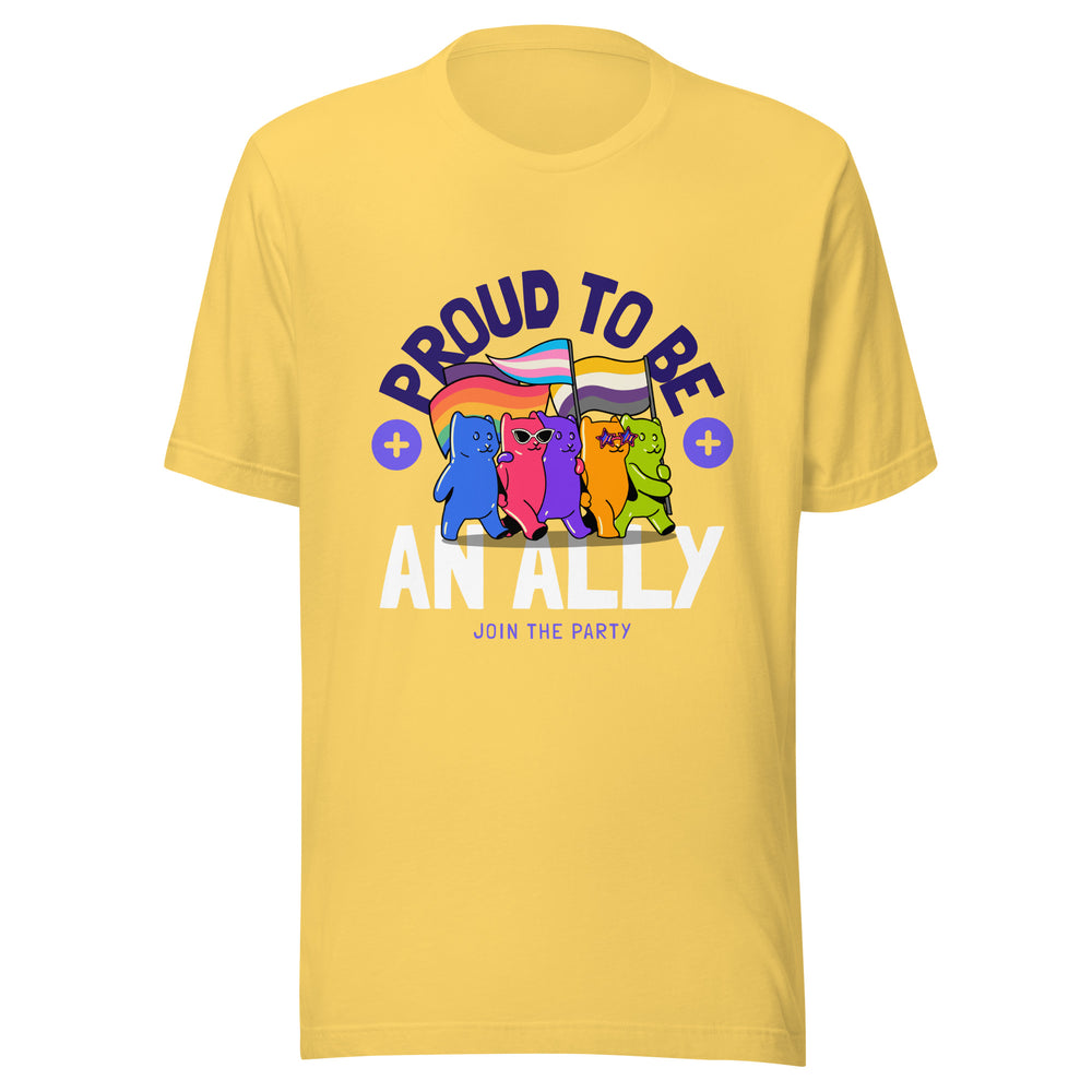 Proud To Be An Ally T-Shirt showing three cartoon cats, a rainbow pride flag