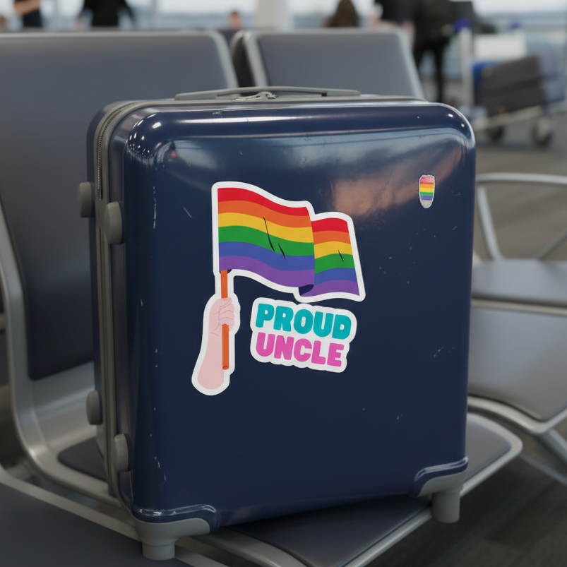 Proud Uncle Bubble-Free Stickers on a dark blue suitcase: bold "PROUD UNCLE" text, rainbow flag hand
