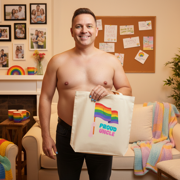 Proud Uncle Eco Tote Bag with rainbow flag and “Proud Uncle” text