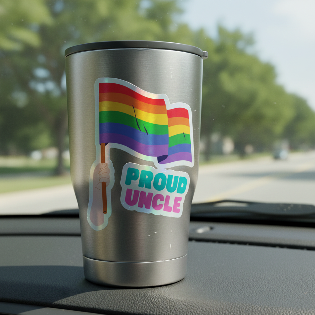 Stainless steel travel tumbler on car dash, with holographic "PROUD UNCLE" pride sticker: hand and rainbow flag