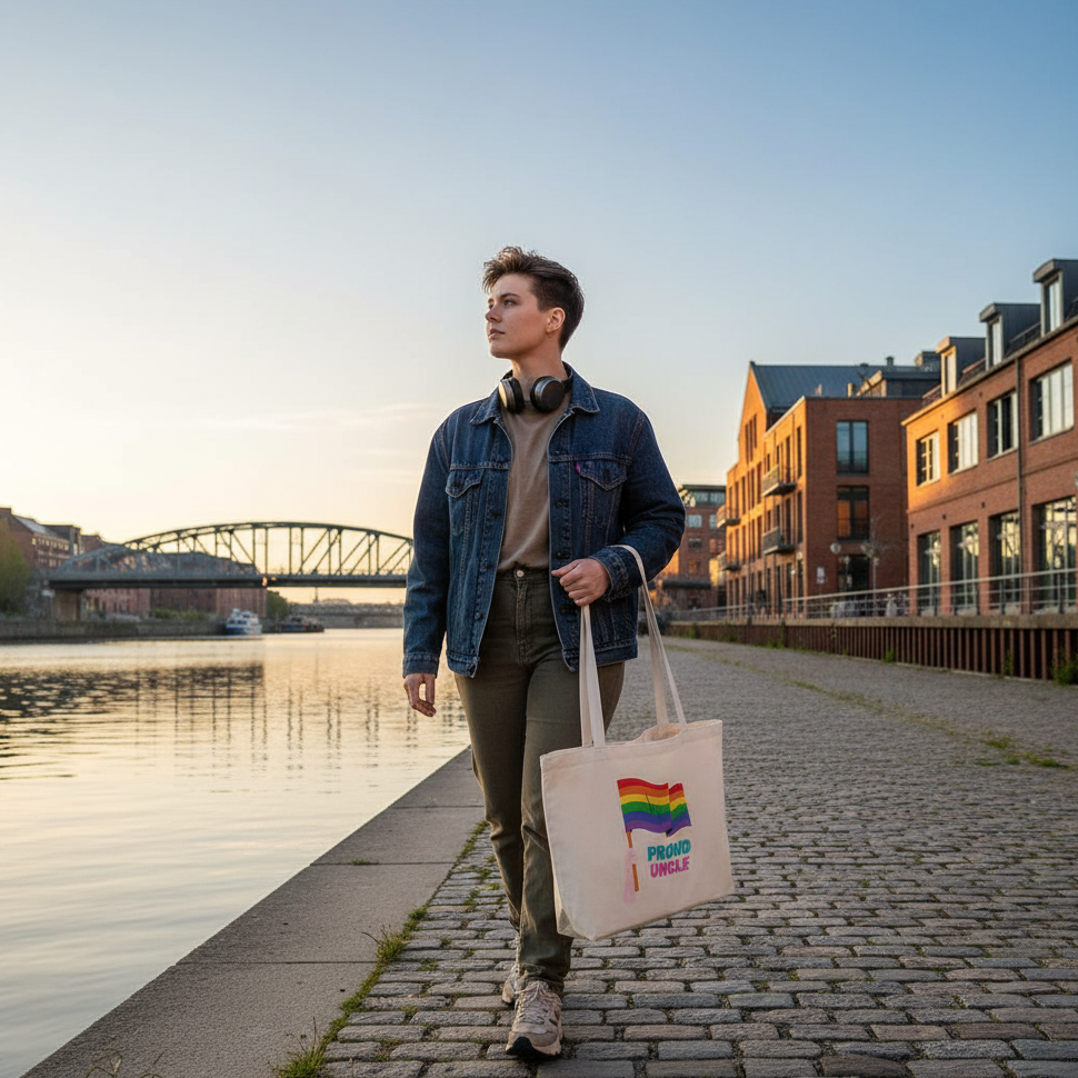 “Proud Uncle” rainbow Pride tote bag carried along a riverside promenade