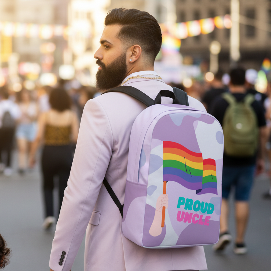 Minimalist backpack reading “PROUD UNCLE,” with a hand holding a rainbow flag, worn over a light purple suit at pride.